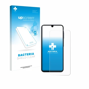 Parte frontal de un envase de producto con el logotipo de la marca upscreen. Al lado se muestra el dispositivo Samsung Galaxy 