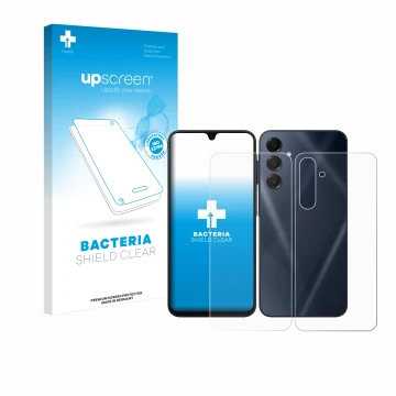 Parte frontal de un envase de producto con el logotipo de la marca upscreen. Al lado se muestra el dispositivo Samsung Galaxy 