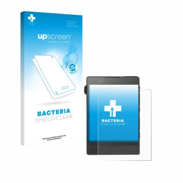 Parte frontal de un envase de producto con el logotipo de la marca upscreen. Al lado se muestra el dispositivo Light Phone 3 c