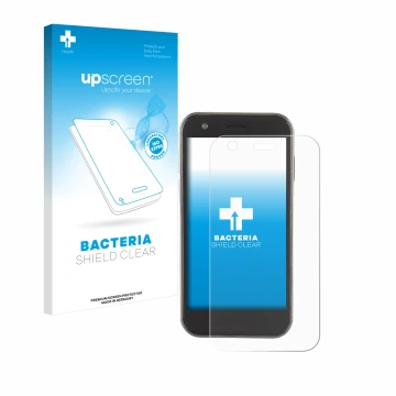 Parte frontal de un envase de producto con el logotipo de la marca upscreen. Al lado se muestra el dispositivo Soyes XS12 con 