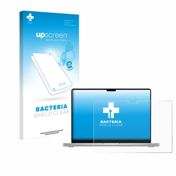 Parte frontal de un envase de producto con el logotipo de la marca upscreen. Al lado se muestra el dispositivo Apple MacBook P