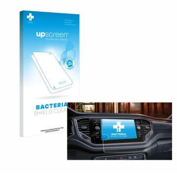 Parte frontal de un envase de producto con el logotipo de la marca upscreen. Al lado se muestra el dispositivo Volkswagen Tour