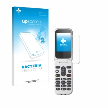 Parte frontal de un envase de producto con el logotipo de la marca upscreen. Al lado se muestra el dispositivo Doro 2820 con s