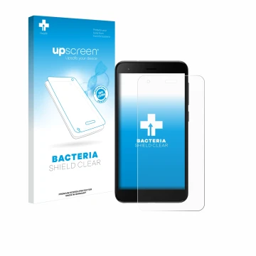 Parte frontal de un envase de producto con el logotipo de la marca upscreen. Al lado se muestra el dispositivo ZTE Blade A35 l