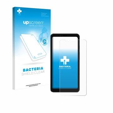 Parte frontal de un envase de producto con el logotipo de la marca upscreen. Al lado se muestra el dispositivo Bigme Hibreak E