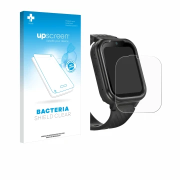 Parte frontal de un envase de producto con el logotipo de la marca upscreen. Al lado se muestra el dispositivo RAYOFI Kids Sma