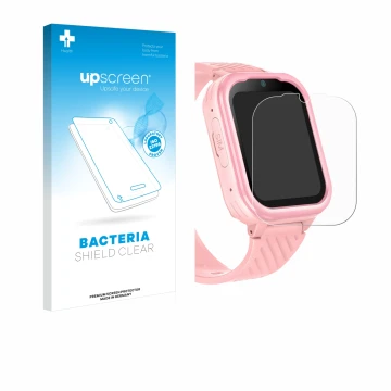 Parte frontal de un envase de producto con el logotipo de la marca upscreen. Al lado se muestra el dispositivo Yuede Kids Smar