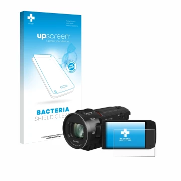 Parte frontal de un envase de producto con el logotipo de la marca upscreen. Al lado se muestra el dispositivo Panasonic HC-VX