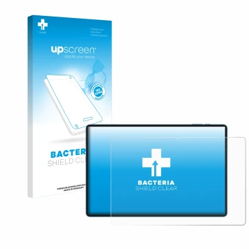 Parte frontal de un envase de producto con el logotipo de la marca upscreen. Al lado se muestra el dispositivo Teclast T70 14