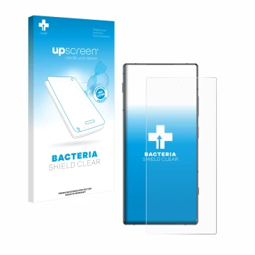 Parte frontal de un envase de producto con el logotipo de la marca upscreen. Al lado se muestra el dispositivo Nubia Z70 Ultra