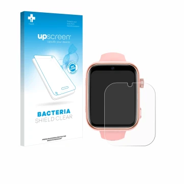 Parte frontal de un envase de producto con el logotipo de la marca upscreen. Al lado se muestra el dispositivo Akumaka 4G Kids