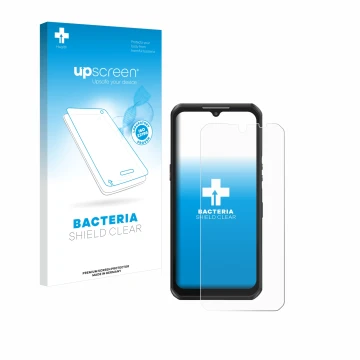 Parte frontal de un envase de producto con el logotipo de la marca upscreen. Al lado se muestra el dispositivo Oukitel WP39 co