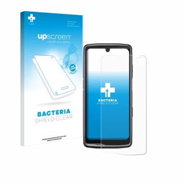 Parte frontal de un envase de producto con el logotipo de la marca upscreen. Al lado se muestra el dispositivo Crosscall Stell