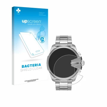 Parte frontal de un envase de producto con el logotipo de la marca upscreen. Al lado se muestra el dispositivo Diesel Mega Chi