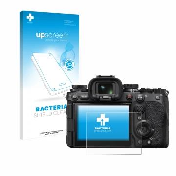 Parte frontal de un envase de producto con el logotipo de la marca upscreen. Al lado se muestra el dispositivo Sony Alpha 1 II