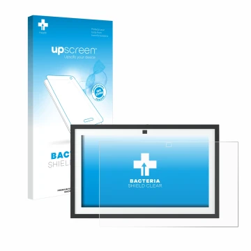 Parte frontal de un envase de producto con el logotipo de la marca upscreen. Al lado se muestra el dispositivo Amazon Echo Sho