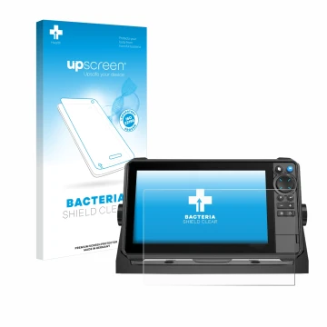 Parte frontal de un envase de producto con el logotipo de la marca upscreen. Al lado se muestra el dispositivo Lowrance HDS-9 