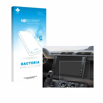 Parte frontal de un envase de producto con el logotipo de la marca upscreen. Al lado se muestra el dispositivo Land Rover Defe