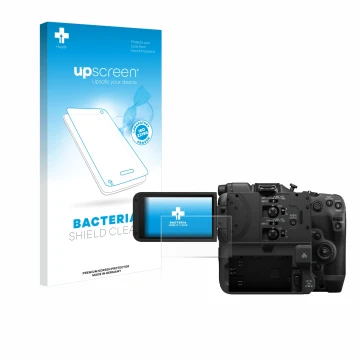 Parte frontal de un envase de producto con el logotipo de la marca upscreen. Al lado se muestra el dispositivo Canon EOS C400 