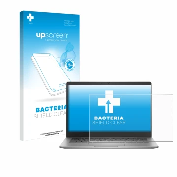 Parte frontal de un envase de producto con el logotipo de la marca upscreen. Al lado se muestra el dispositivo Dell Latitude 3