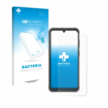 Parte frontal de un envase de producto con el logotipo de la marca upscreen. Al lado se muestra el dispositivo Blackview BV520