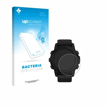 Parte frontal de un envase de producto con el logotipo de la marca upscreen. Al lado se muestra el dispositivo Garmin Descent 