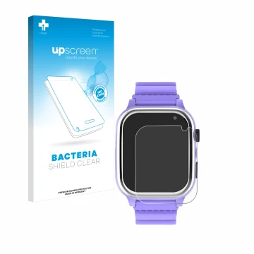 Parte frontal de un envase de producto con el logotipo de la marca upscreen. Al lado se muestra el dispositivo Jubunrer Kids S