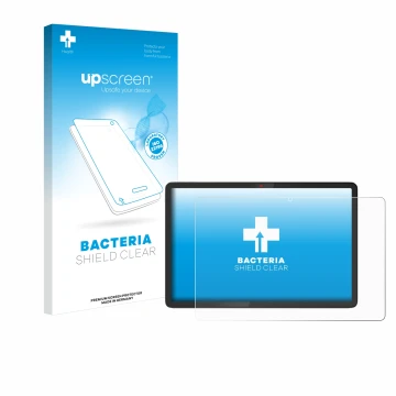 Parte frontal de un envase de producto con el logotipo de la marca upscreen. Al lado se muestra el dispositivo Lenovo Chromebo