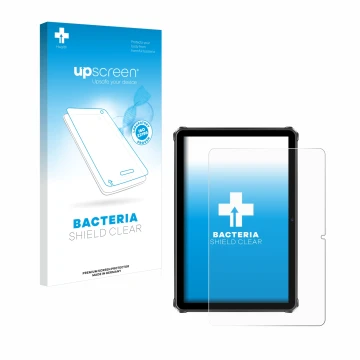 Parte frontal de un envase de producto con el logotipo de la marca upscreen. Al lado se muestra el dispositivo Oukitel RT9 con