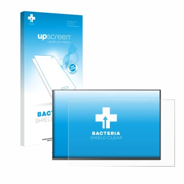 Parte frontal de un envase de producto con el logotipo de la marca upscreen. Al lado se muestra el dispositivo Uperfect UGame 