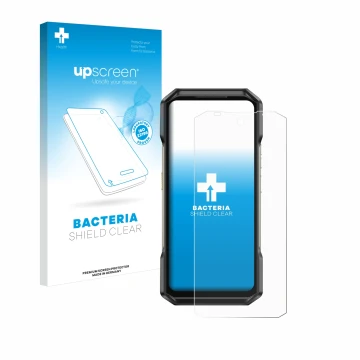 Parte frontal de un envase de producto con el logotipo de la marca upscreen. Al lado se muestra el dispositivo Ulefone Armor 2