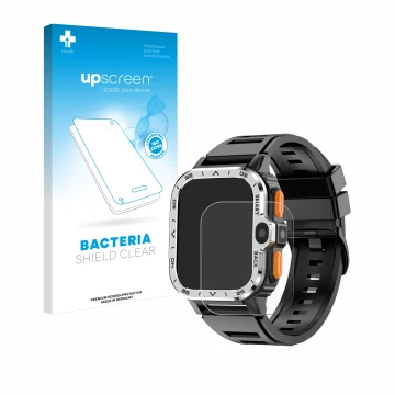 Parte frontal de un envase de producto con el logotipo de la marca upscreen. Al lado se muestra el dispositivo HS Smartwatch 2