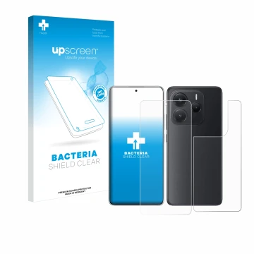 Parte frontal de un envase de producto con el logotipo de la marca upscreen. Al lado se muestra el dispositivo Xiaomi Redmi No