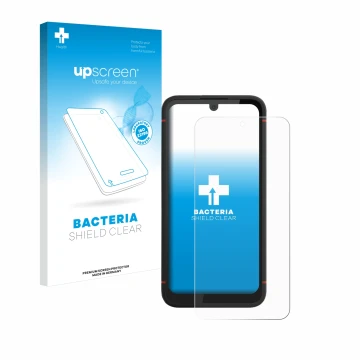 Parte frontal de un envase de producto con el logotipo de la marca upscreen. Al lado se muestra el dispositivo Volla Phone X23
