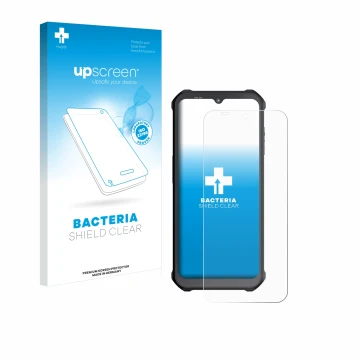 Parte frontal de un envase de producto con el logotipo de la marca upscreen. Al lado se muestra el dispositivo Sonim XP400 con