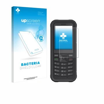 Parte frontal de un envase de producto con el logotipo de la marca upscreen. Al lado se muestra el dispositivo Sonim XP100 con