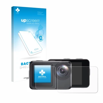 Parte frontal de un envase de producto con el logotipo de la marca upscreen. Al lado se muestra el dispositivo Akaso Brave 7 L