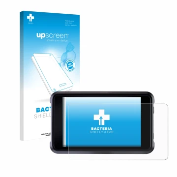 Parte frontal de un envase de producto con el logotipo de la marca upscreen. Al lado se muestra el dispositivo Atomos Shogun C