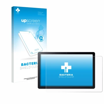Parte frontal de un envase de producto con el logotipo de la marca upscreen. Al lado se muestra el dispositivo Acer Iconia Tab