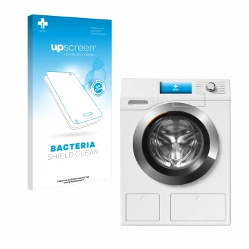 Parte frontal de un envase de producto con el logotipo de la marca upscreen. Al lado se muestra el dispositivo Miele WEH875 co