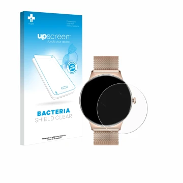 Parte frontal de un envase de producto con el logotipo de la marca upscreen. Al lado se muestra el dispositivo LIGE FV12 1.43