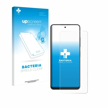 Parte frontal de un envase de producto con el logotipo de la marca upscreen. Al lado se muestra el dispositivo Nubia Focus 5G 