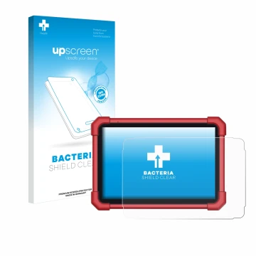 Parte frontal de un envase de producto con el logotipo de la marca upscreen. Al lado se muestra el dispositivo Launch X-431 Eu