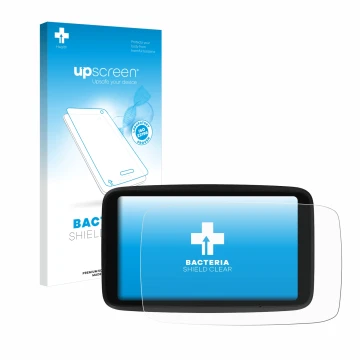 Parte frontal de un envase de producto con el logotipo de la marca upscreen. Al lado se muestra el dispositivo TomTom GO Advan