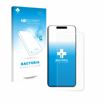 Parte frontal de un envase de producto con el logotipo de la marca upscreen. Al lado se muestra el dispositivo Oukitel P1 con 