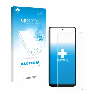 Parte frontal de un envase de producto con el logotipo de la marca upscreen. Al lado se muestra el dispositivo Motorola Moto G