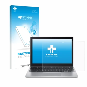 Parte frontal de un envase de producto con el logotipo de la marca upscreen. Al lado se muestra el dispositivo Acer Chromebook