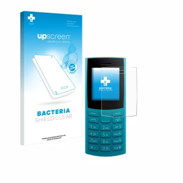 Parte frontal de un envase de producto con el logotipo de la marca upscreen. Al lado se muestra el dispositivo Nokia 105 4G 2n