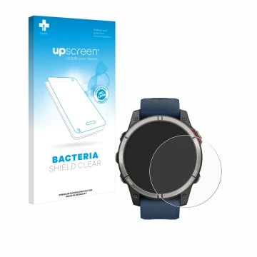 Parte frontal de un envase de producto con el logotipo de la marca upscreen. Al lado se muestra el dispositivo Garmin quatix 7