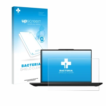 Parte frontal de un envase de producto con el logotipo de la marca upscreen. Al lado se muestra el dispositivo Lenovo ThinkPad